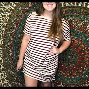 Maroon and Cream Striped T-shirt Dress